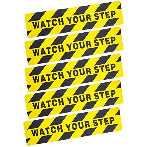 Grosun 5 Pieces Watch Your Step Warning Sticker Adhesive Tape Anti Slip Abrasive Tape for Workplace Safety Wet Floor Caution, 6 by 24 Inches (Black and Yellow) - Image 1