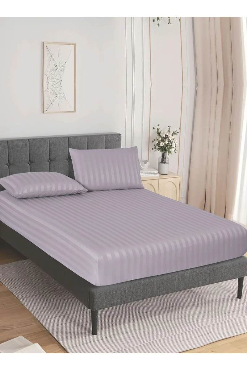 دوناتيلا طقم شرشف سرير مقلم 3 قطع مقاس مزدوج 200×200+ 35 سم, مايكروفايبر مقاوم للحساسية شرشف باطراف مطاط و2 غطاء وسادة