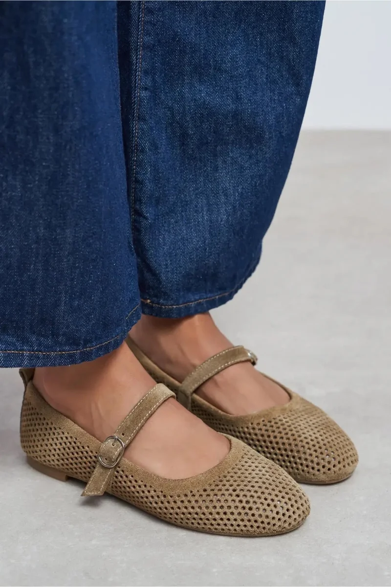 Nisantasi Shoes Titi Suede Studded Genuine Leather Buckle Detail Ballet Flat — Rome Beige