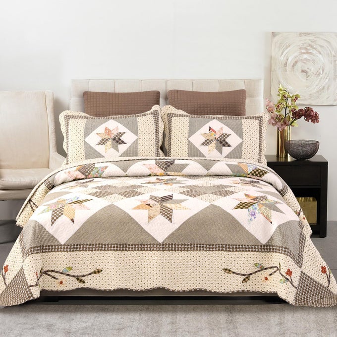 QUILTS QUEEN SIZE PATCHWORK BEDSPREAD SET 100 COTTON REVERSIBLE BREATHABLE BROWN GEOMETRIC QUILTED QUILT WITH PILLOW SHAMS FOR ALL SEASONS