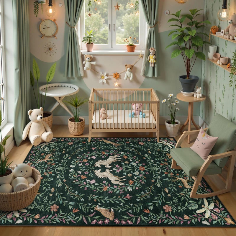 STARUIA Machine Washable 5x7 Area Rugs for Living Room, Non Slip Soft Low Pile Unicorn Floral Farmhouse Moroccan Vintage Animal Playroom Girls Rugs for Bedroom, Carpet Rugs for Nurseries(Forest Green5'x7') - Image 2