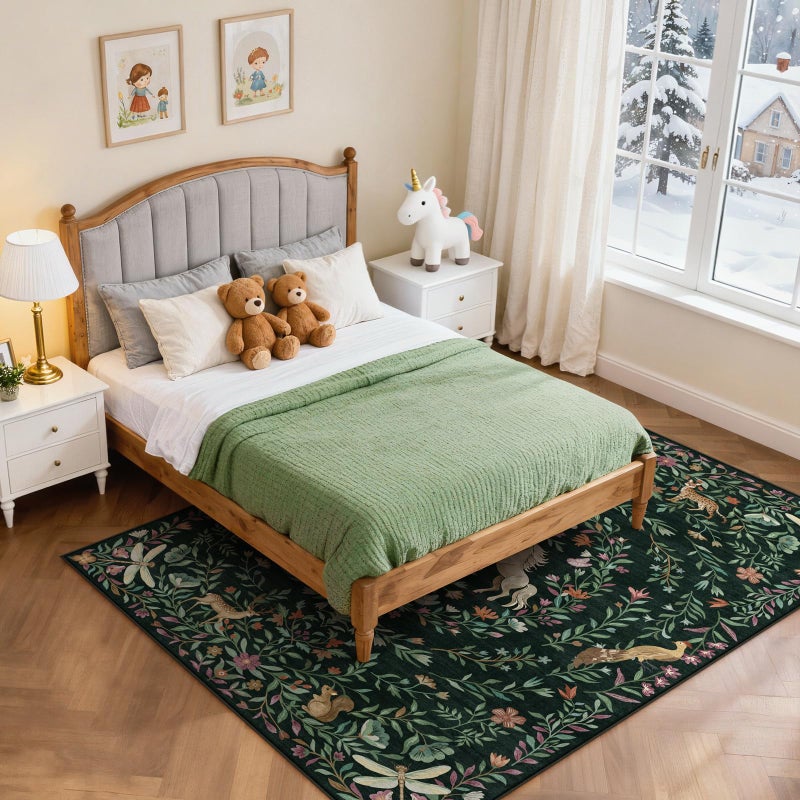 STARUIA Machine Washable 5x7 Area Rugs for Living Room, Non Slip Soft Low Pile Unicorn Floral Farmhouse Moroccan Vintage Animal Playroom Girls Rugs for Bedroom, Carpet Rugs for Nurseries(Forest Green5'x7') - Image 3