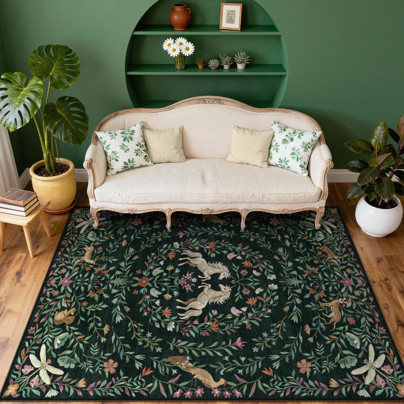 STARUIA Machine Washable 5x7 Area Rugs for Living Room, Non Slip Soft Low Pile Unicorn Floral Farmhouse Moroccan Vintage Animal Playroom Girls Rugs for Bedroom, Carpet Rugs for Nurseries(Forest Green5'x7') - Image 5