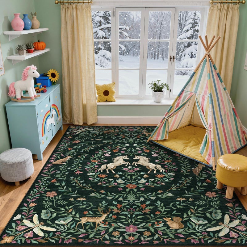 STARUIA Machine Washable 5x7 Area Rugs for Living Room, Non Slip Soft Low Pile Unicorn Floral Farmhouse Moroccan Vintage Animal Playroom Girls Rugs for Bedroom, Carpet Rugs for Nurseries(Forest Green5'x7') - Image 4
