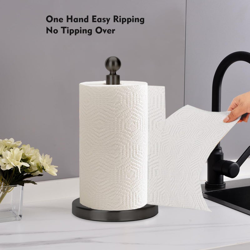 Kalitro Paper Towel Holder Countertop, Standing Paper Towel Roll Holder for Kitchen Bathroom, with Weighted Base for One-Handed Operation, No Wobbly (Stainless Steel Base, Black) - Image 2