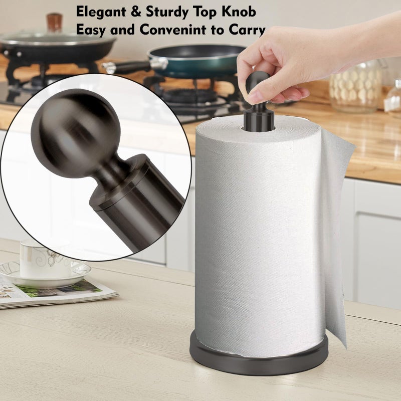 Kalitro Paper Towel Holder Countertop, Standing Paper Towel Roll Holder for Kitchen Bathroom, with Weighted Base for One-Handed Operation, No Wobbly (Stainless Steel Base, Black) - Image 3
