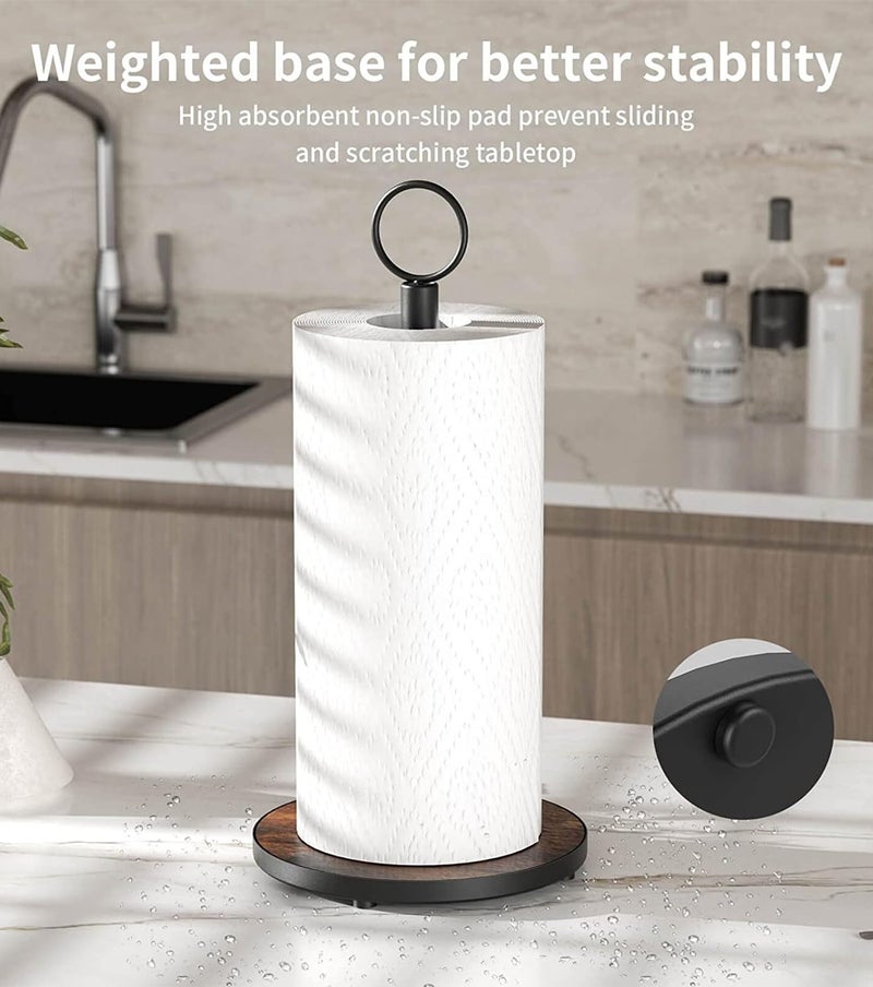 OROPY Paper Towel Holder Countertop with Heavy Duty Wood Base, Farmhouse Paper Towel Roll Stand for Kitchen Counter fits Standard and Jumbo Size Paper Towels (Brown) - Image 4