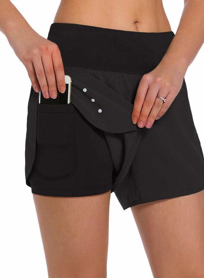 Ksmien Women's 2 in 1 Running Shorts - Lightweight Athletic Workout Gym Yoga Shorts Liner with Phone Pockets Black, L - Image 1