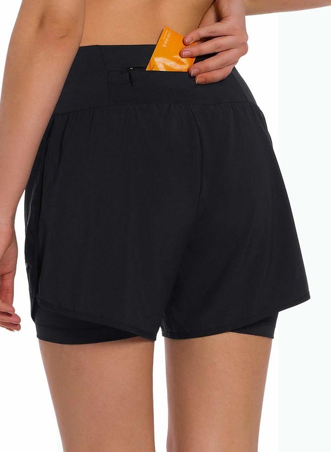 Ksmien Women's 2 in 1 Running Shorts - Lightweight Athletic Workout Gym Yoga Shorts Liner with Phone Pockets Black, L - Image 2