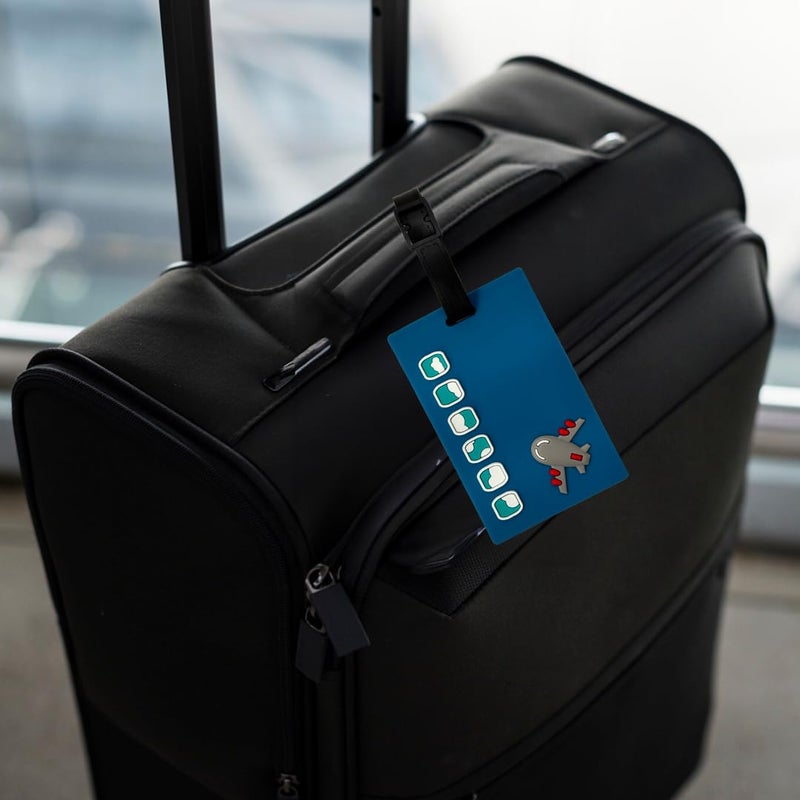 Eitheo بطاقات أمتعة للأطفال بطاقات أمتعة مع اسم وعنوان | بطاقات أمتعة سيليكون للحقائب، بطاقات لتحديد الحقائب/حقائب المدرسة ملصق ملون متعدد (أزرق طائرة) - Image 3