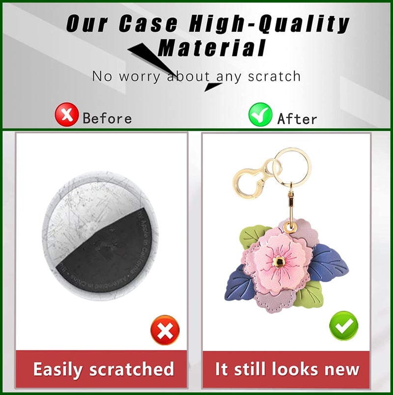 BORKUANA Leather Keychain Holder Case Compatible with AirTag,Cute Protective Cover with Keyring,Anti-Scratch Finder GPS Tracker Case for Wallet Keys,bag,pets(Begonia Flower A) - Image 3