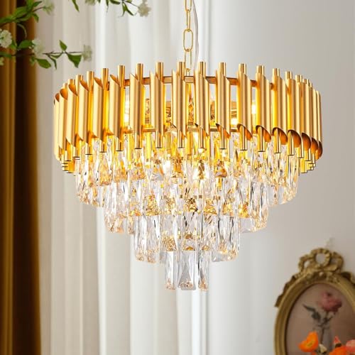 Desidiya Modern Crystal Pendant Light Golden Round Ceiling Light Fixture for Living Room and (Antique, 4Tier 500mm) and 3 Colors Led Plate Included Warm White, Natural Light, Golden Light (500MM) - Image 1