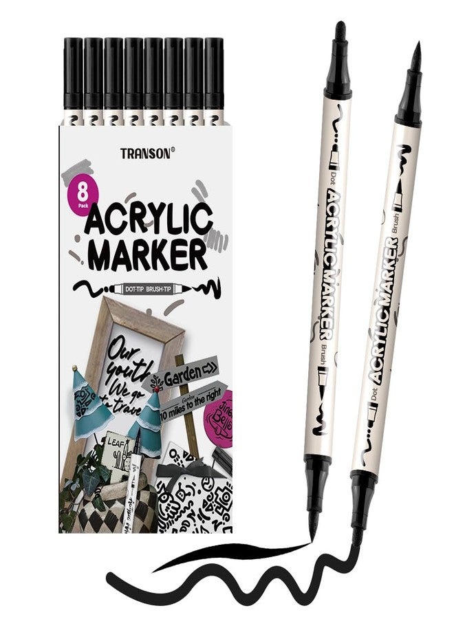 TRANSON 8 Pack Black Brush and Bold Dual-tip Acrylic Paint Marker for DIY Glass Canvas Wood Leather Ceramic Rock Painting - Image 1