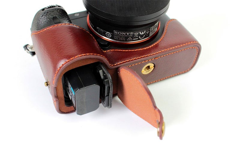 BolinUS Sony A7 Case, BolinUS Handmade Genuine Real Leather Half Camera Case Bag Cover for Sony Alpha A7 A7R A7S Bottom Opening Version + Hand Strap -Coffee - Image 1