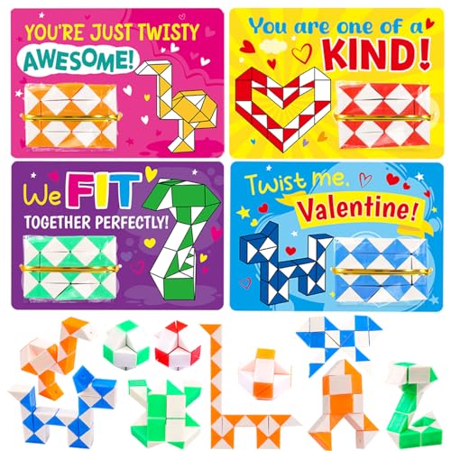 WorldBazaar 24 Sets Valentines Cards with Snake Cubes for Kids Valentine Fidget Toys with Cards for Valentine Classroom Exchange Prizes Goodie Bag Stuffers Valentines Party Favors - Image 1