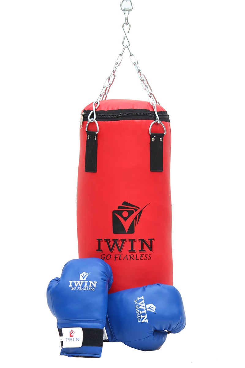 IWIN Unfilled Combo 24" Punching Bag with Chain and Boxing Gloves(Blue Boxing Gloves 8 Oz), Multicolour - Image 1