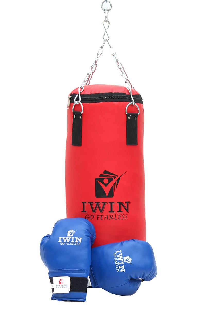 IWIN Unfilled Combo 24" Punching Bag with Chain and Boxing Gloves(Blue Boxing Gloves 8 Oz), Multicolour - Image 2