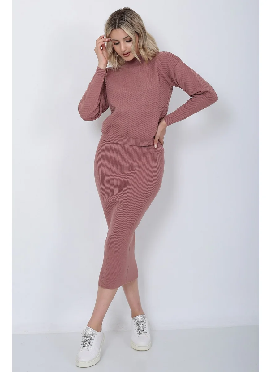 لوغمو Women's Knitwear Zigzag Striped Sweater and Skirt Set Oversize Dusty Rose