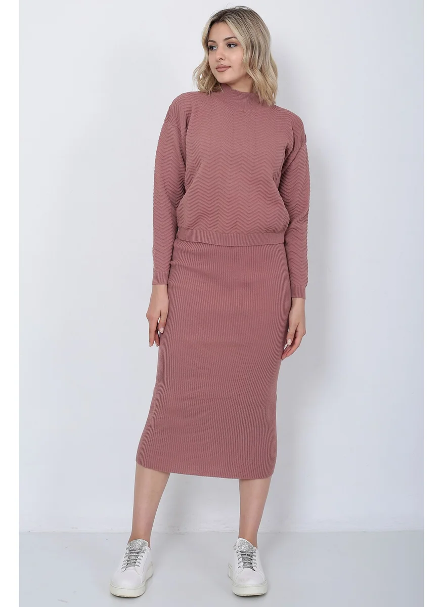 لوغمو Women's Knitwear Zigzag Striped Sweater and Skirt Set Oversize Dusty Rose