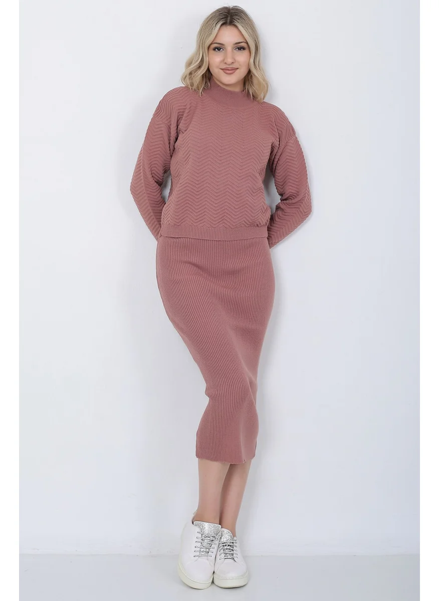 لوغمو Women's Knitwear Zigzag Striped Sweater and Skirt Set Oversize Dusty Rose
