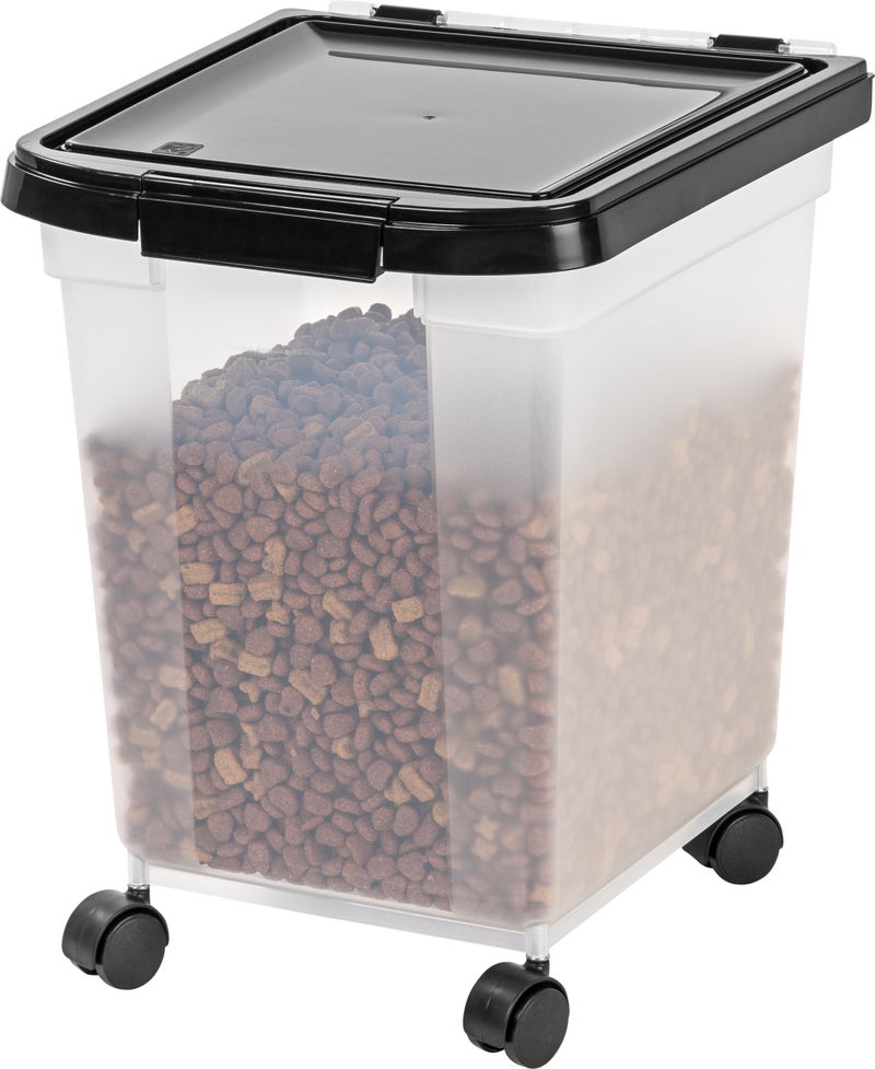 IRIS USA WeatherPro Airtight Dog Food Storage Container, Up to 25 lbs, Removable Wheels, for Dog Cat Bird and Other Pet Food Storage Bin, Keep Fresh, Translucent Body, Clear/Black - Image 1
