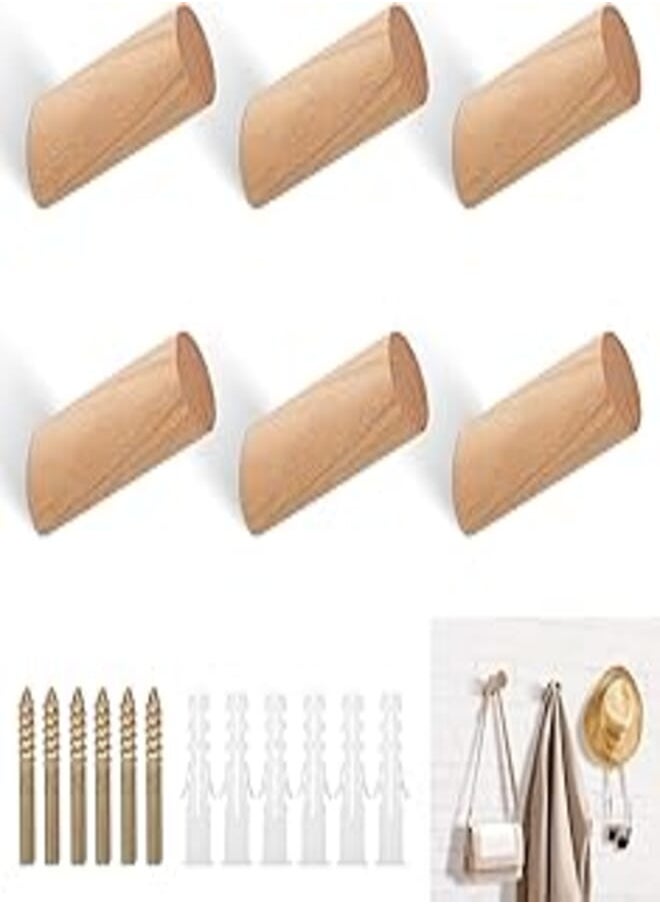 Nakutita Pack of 6 Wooden Coat Hooks, Natural Wooden Wall Hooks, Round Wooden Coat Hooks, Beech Hooks, 45° Hook Hanger for Hats, Backpacks, Scarves, Clothes 