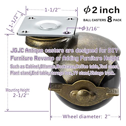 JGJC 2" Antique Brass Caster Wheels with Brake: Value 8-Pack Bulk Set | Solid Ball Casters Heavy Duty | Swivel Plate Vintage Castor Wheels for Furniture & DIY & Carpet | Double Quantity of 4-Pack - Image 2
