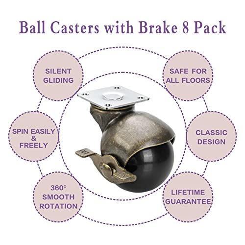 JGJC 2" Antique Brass Caster Wheels with Brake: Value 8-Pack Bulk Set | Solid Ball Casters Heavy Duty | Swivel Plate Vintage Castor Wheels for Furniture & DIY & Carpet | Double Quantity of 4-Pack - Image 5