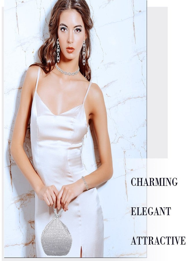 MTLEE 4 Pieces Rhinestone Necklace Choker Bracelet Earring Clutch Purses Jewelry Set Women Crystal Triangle Bling Diamond Purse Rhinestone Bag for Wedding Party (Silver) - Image 5