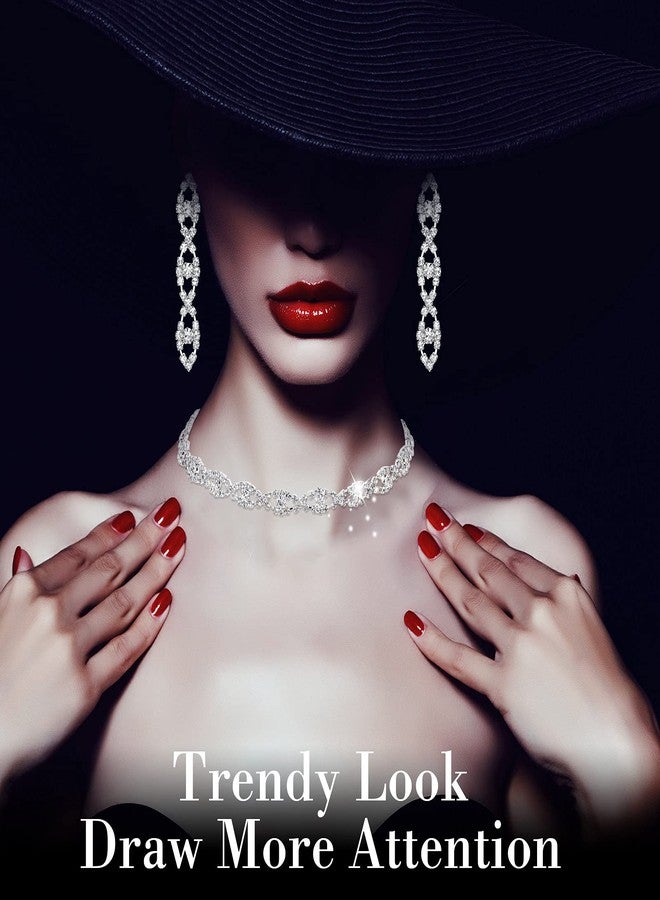 MTLEE 4 Pieces Rhinestone Necklace Choker Bracelet Earring Clutch Purses Jewelry Set Women Crystal Triangle Bling Diamond Purse Rhinestone Bag for Wedding Party (Silver) - Image 3