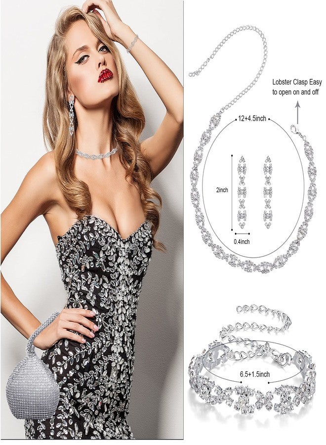 MTLEE 4 Pieces Rhinestone Necklace Choker Bracelet Earring Clutch Purses Jewelry Set Women Crystal Triangle Bling Diamond Purse Rhinestone Bag for Wedding Party (Silver) - Image 4