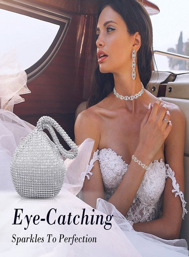 MTLEE 4 Pieces Rhinestone Necklace Choker Bracelet Earring Clutch Purses Jewelry Set Women Crystal Triangle Bling Diamond Purse Rhinestone Bag for Wedding Party (Silver) - Image 2