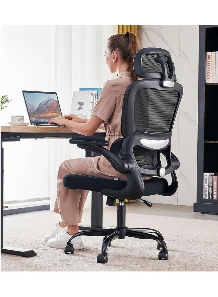 Premium Ergonomic Office Chair for Work from Home, High Back Computer Chair with Adjustable Seat, Lumbar Support & Headrest, Flip-up Armrest & Recline | Mesh Chair for Office/Home Black
