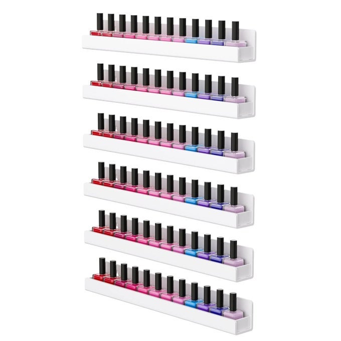 NAIL POLISH WALL RACK: 6 SHELVES 15 INCH WHITE ACRYLIC NAIL POLISH HOLDER ORGANIZER FOR 66-90 BOTTLES, MULTI-PURPOSE ACRYLIC FLOATING SHELVES (15 INCH, WHITE)