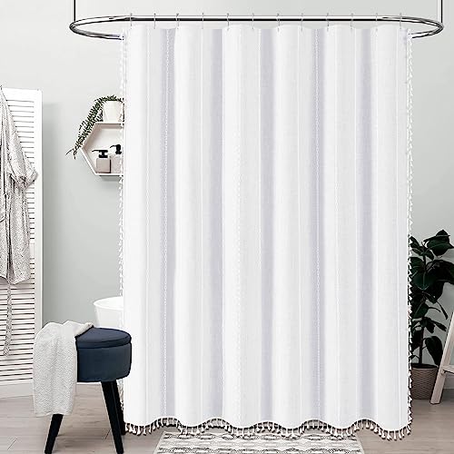 BTTN White Farmhouse Shower Curtain, Boho Linen Striped Heavy Duty Fabric Shower Curtain Set with Tassel, Bohemian Country Ultra Thick Shower Curtain for Bathroom, Wrinkle Free, Water Repellent, 72x72 - Image 2