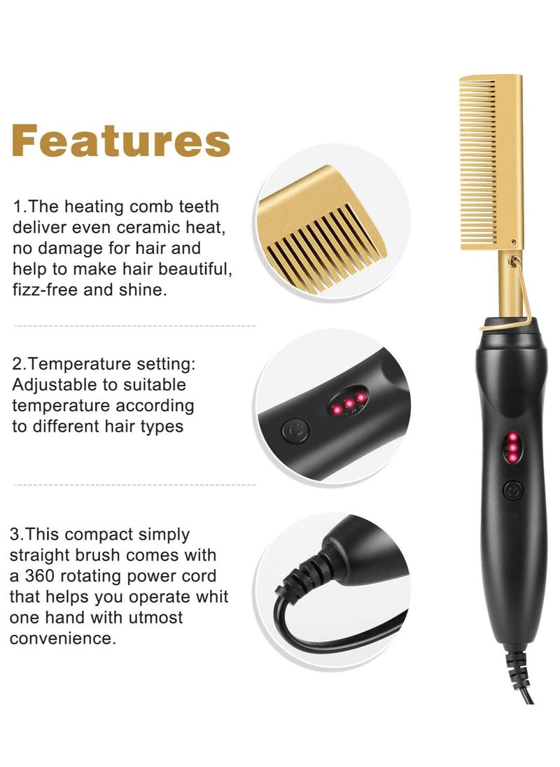 Generic - Gold Plated Heated Styling Comb Electric Hot Straightening Heat Comb Ceramic Curling Flat Iron Curler Designed Hair Straightener for Natural Black Hair,Wigs - Image 1