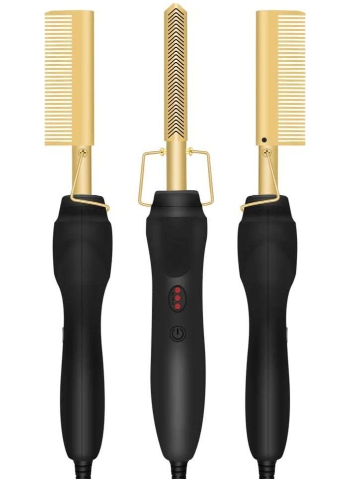 Generic - Gold Plated Heated Styling Comb Electric Hot Straightening Heat Comb Ceramic Curling Flat Iron Curler Designed Hair Straightener for Natural Black Hair,Wigs - Image 1