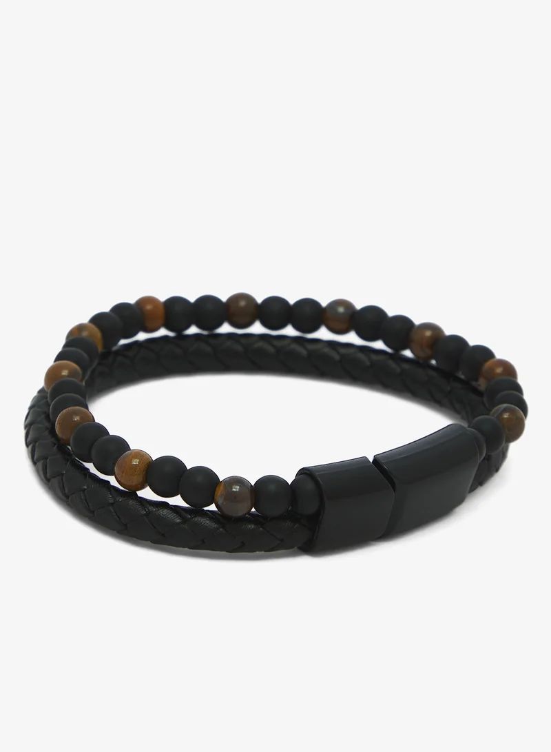 Seventy Five Braided Leather and Natural Tiger Eye Stone Beaded Bracelet