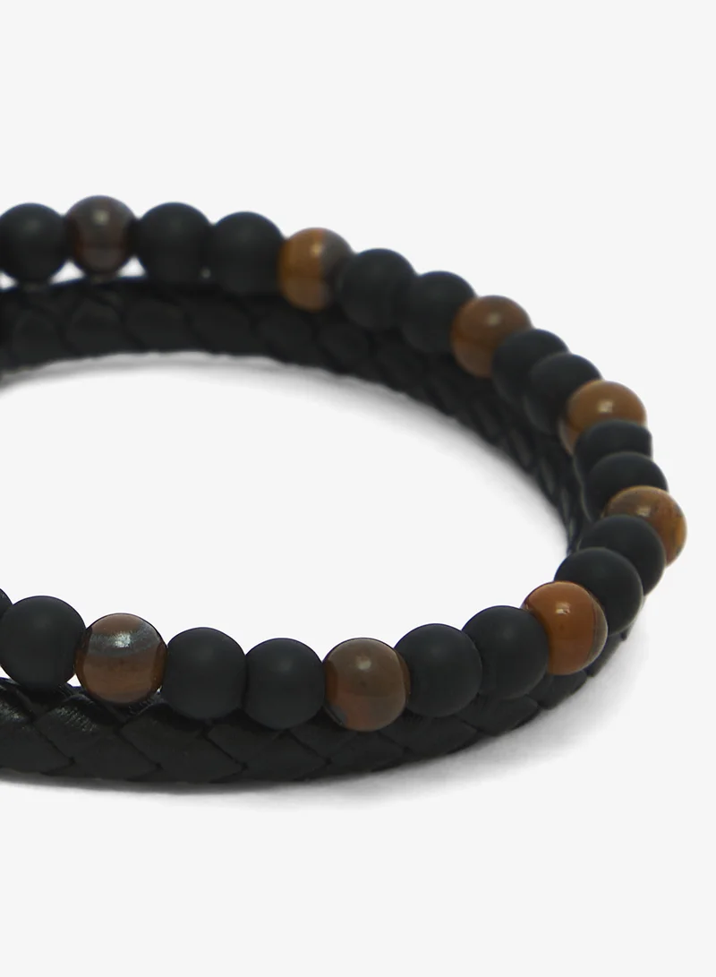Seventy Five  Braided Leather and Natural Tiger Eye Stone Beaded Bracelet for Men | Best Price UAE