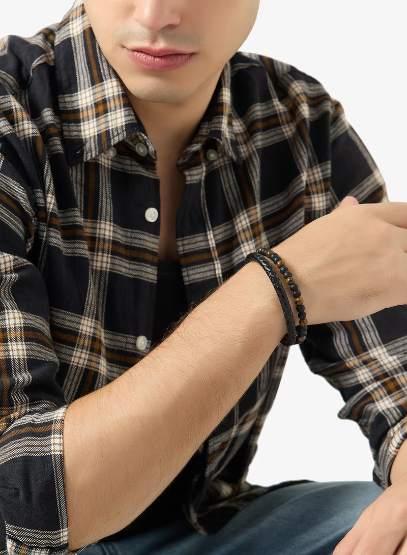 Seventy Five  Braided Leather and Natural Tiger Eye Stone Beaded Bracelet for Men | Best Price UAE