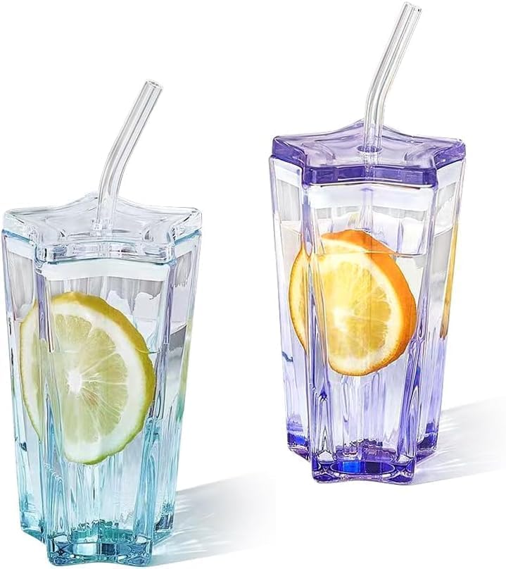 KRIVAZ Glass Water Tumbler with Lid and Straw Acrylic Drinking Glasses Set of 2 with Lemon and Orange SlicesCoffee Sipper Mug for Smoothie Soda Ice Tea Star 350 ML - Image 1