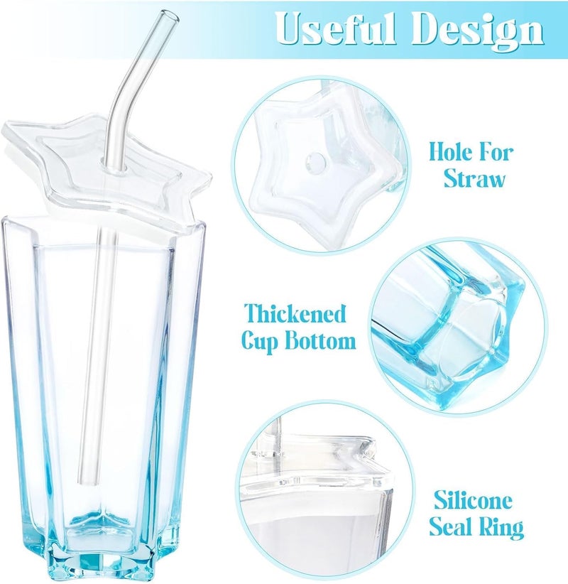 KRIVAZ Glass Water Tumbler with Lid and Straw Acrylic Drinking Glasses Set of 2 with Lemon and Orange SlicesCoffee Sipper Mug for Smoothie Soda Ice Tea Star 350 ML - Image 2