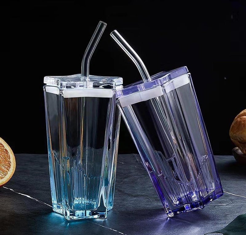 KRIVAZ Glass Water Tumbler with Lid and Straw Acrylic Drinking Glasses Set of 2 with Lemon and Orange SlicesCoffee Sipper Mug for Smoothie Soda Ice Tea Star 350 ML - Image 5