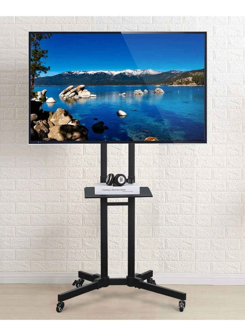Mobile TV Stand with Height Adjustable Mount on Lockable Wheels for 32-65 Inch Flat and Curved Screens, Including a Removable Shelf for A/V Equipment and Laptops Black loading capacity 50kg - Image 1