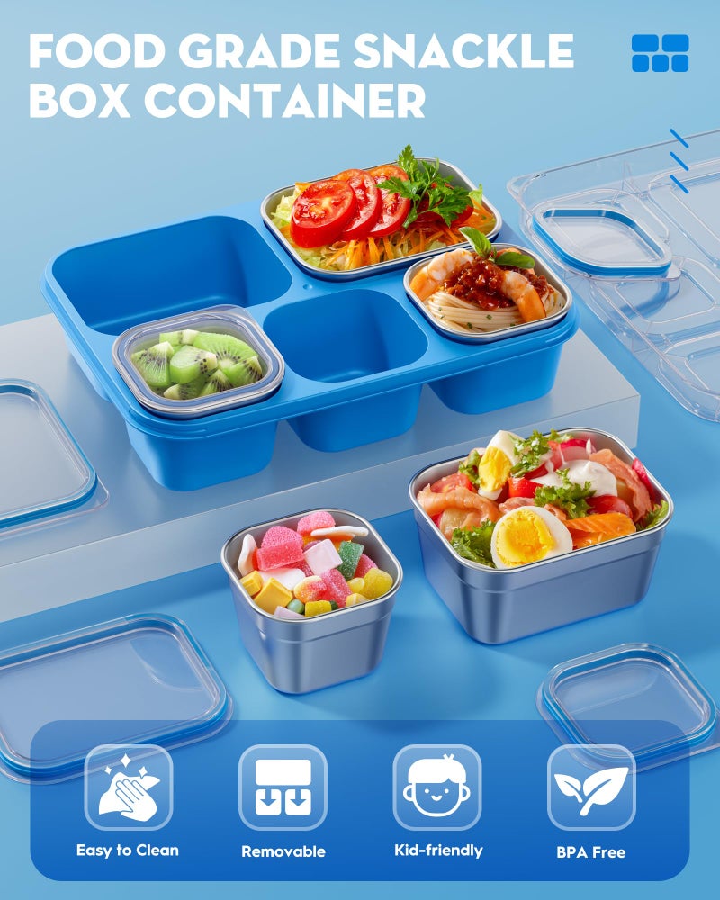 BiuLeon Snackle Box Containers, Stainless Steel 5 Compartments Divided Serving Tray with Lid, Removable LeakProof Portable Bento Box for Fruit Candy Nuts Food - School, Picnic and Travelï¼ˆBlueï¼‰ - Image 3