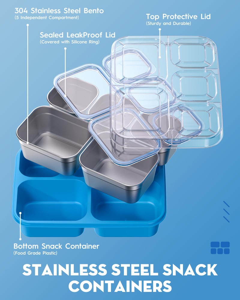 BiuLeon Snackle Box Containers, Stainless Steel 5 Compartments Divided Serving Tray with Lid, Removable LeakProof Portable Bento Box for Fruit Candy Nuts Food - School, Picnic and Travelï¼ˆBlueï¼‰ - Image 5