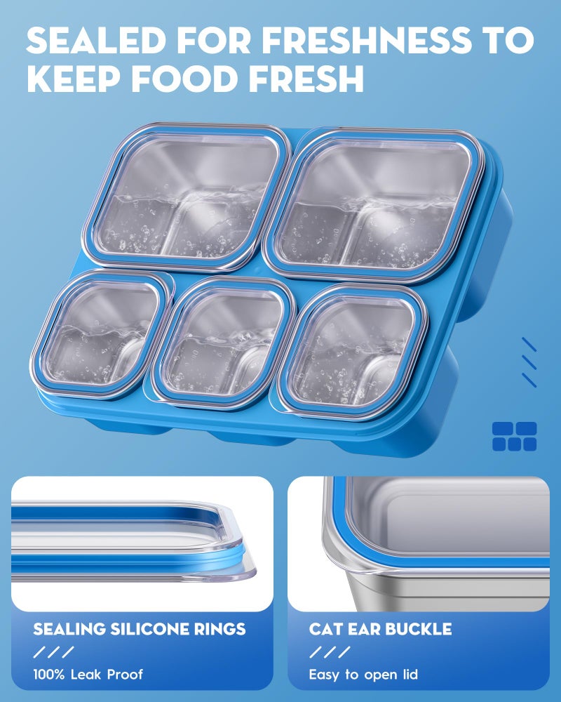 BiuLeon Snackle Box Containers, Stainless Steel 5 Compartments Divided Serving Tray with Lid, Removable LeakProof Portable Bento Box for Fruit Candy Nuts Food - School, Picnic and Travelï¼ˆBlueï¼‰ - Image 4