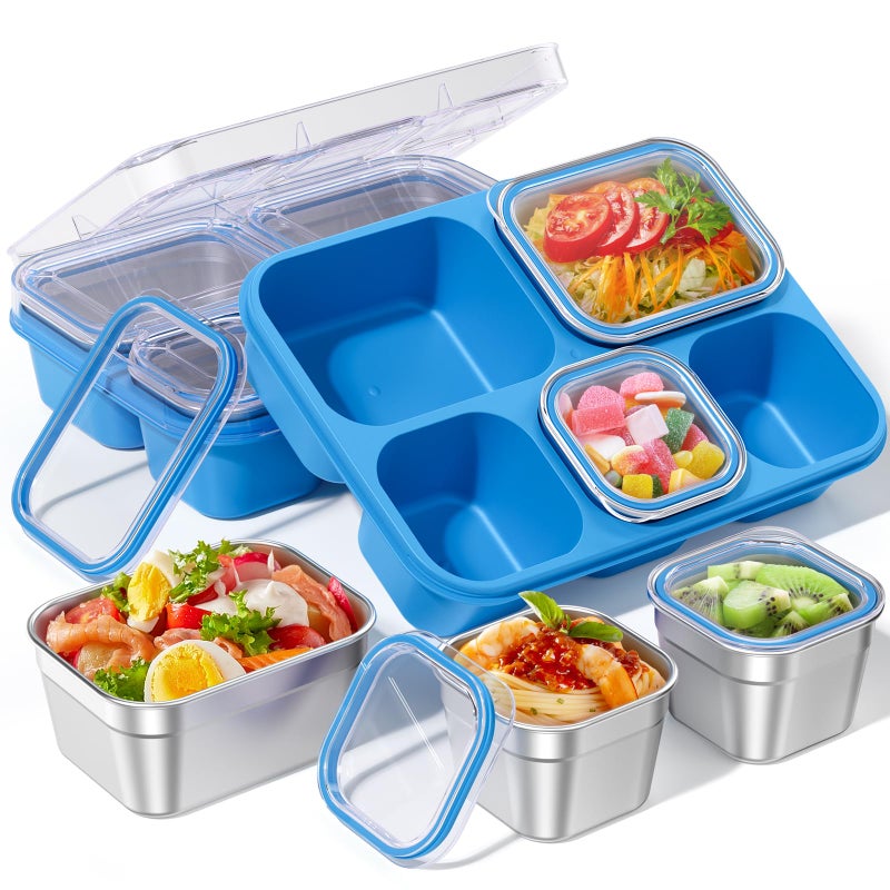 BiuLeon Snackle Box Containers, Stainless Steel 5 Compartments Divided Serving Tray with Lid, Removable LeakProof Portable Bento Box for Fruit Candy Nuts Food - School, Picnic and Travelï¼ˆBlueï¼‰ - Image 1