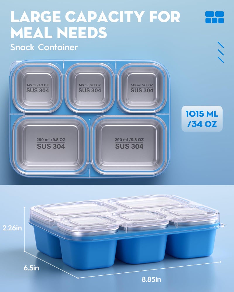 BiuLeon Snackle Box Containers, Stainless Steel 5 Compartments Divided Serving Tray with Lid, Removable LeakProof Portable Bento Box for Fruit Candy Nuts Food - School, Picnic and Travelï¼ˆBlueï¼‰ - Image 2