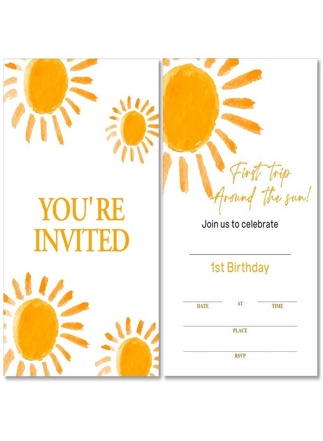 Soiceu Cute Sunshine First Trip Around the Sun 1st Birthday Party Invitations with Envelopes Set of 20 Boho Sun 1 Year Old First Birthday Party Invites - Image 1